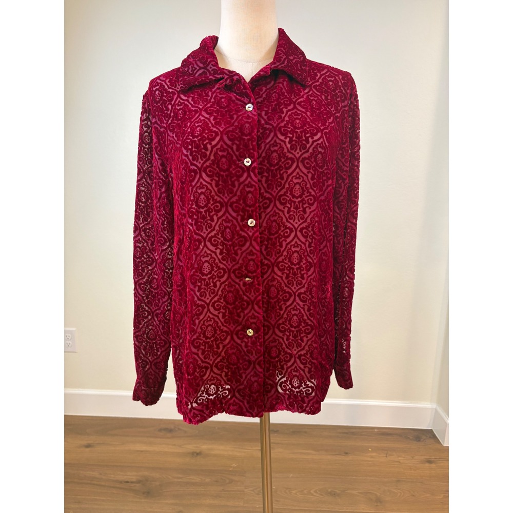 Sigrid Olsen Velvet Sheer Burnout Shirt‎ M Red Silk Blend Damask Top Party chic